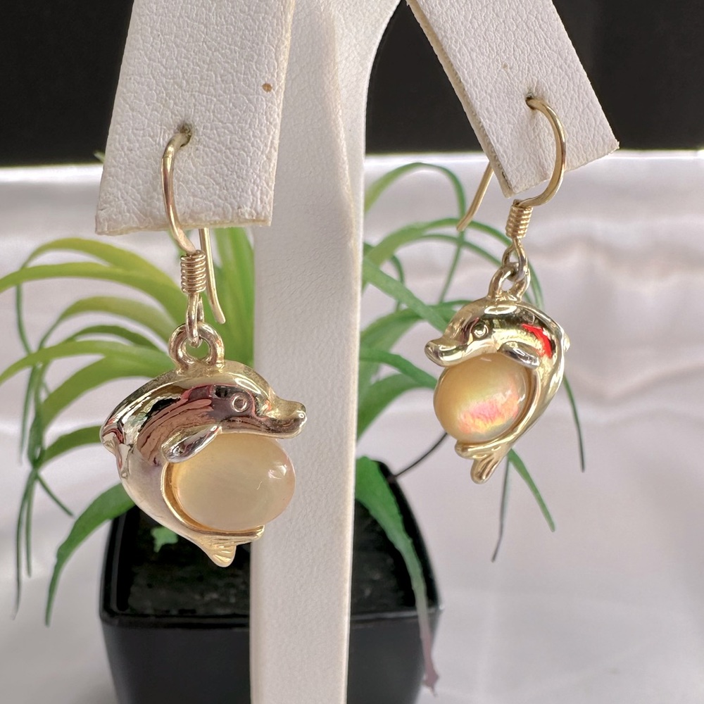 Gold Plated Dolphin Iridescent Moonstone Dangle Earrings